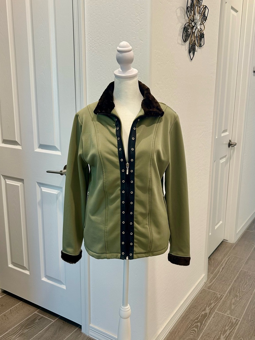 Olive Green Women's Jacket with Black Trim